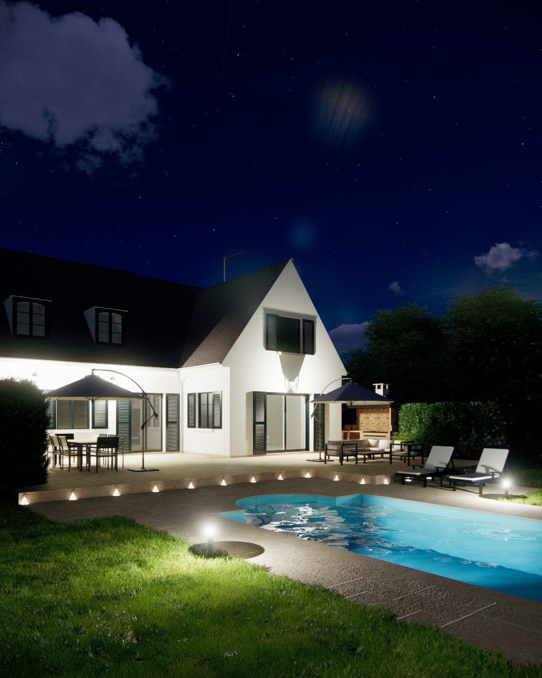 Vue sur maison 2 de nuit