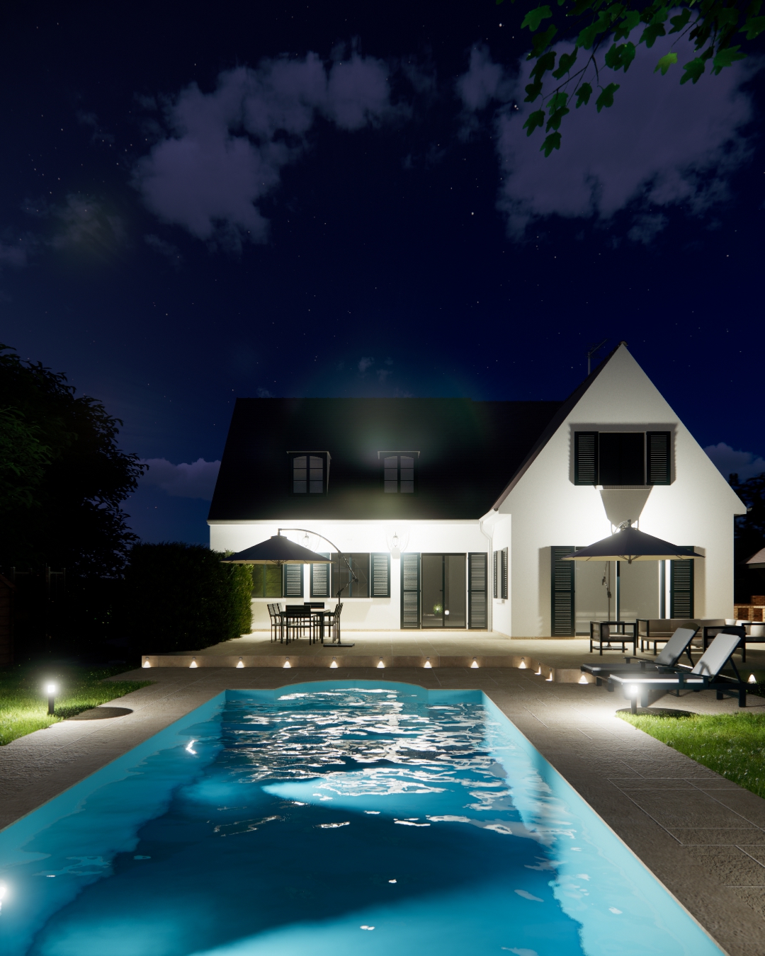 Vue sur maison de nuit