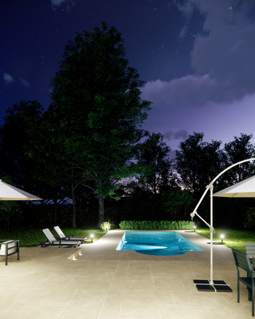 Vue sur piscine de nuit